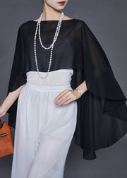 Black Draping Chiffon Shirt Top Low High Design Summer