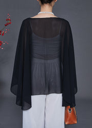 Black Draping Chiffon Shirt Top Low High Design Summer