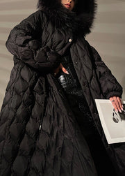 Black Drawstring Pockets Duck Down Coat Fur Collar Winter