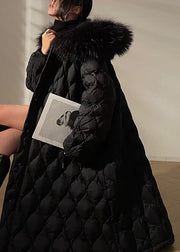 Black Drawstring Pockets Duck Down Coat Fur Collar Winter