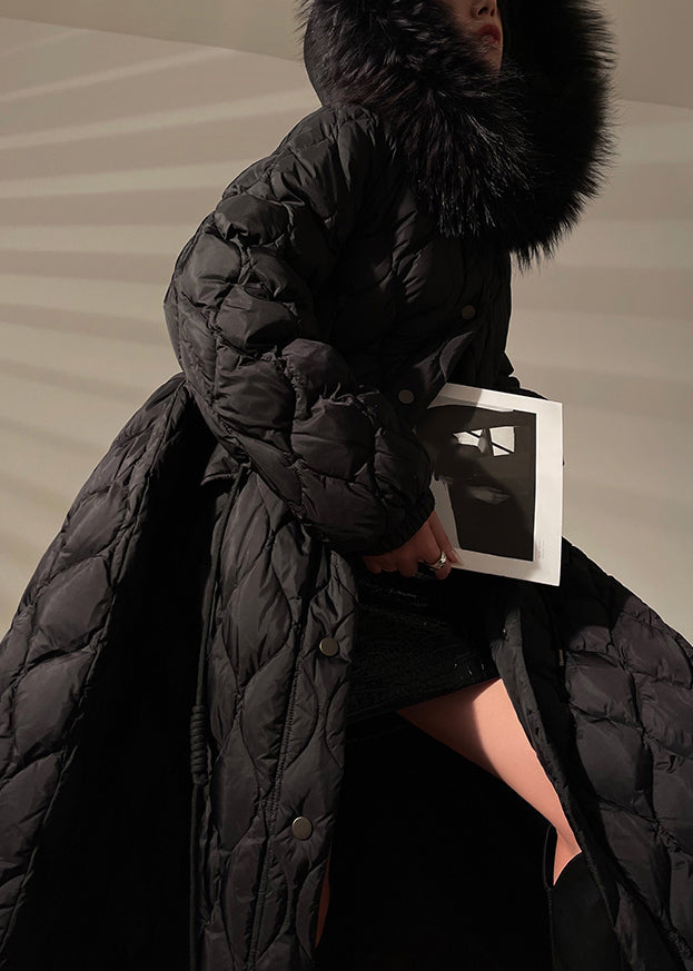 Black Drawstring Pockets Duck Down Coat Fur Collar Winter