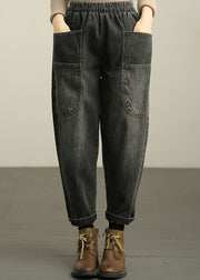 Black Elastic Waist Denim Harem Pants Fall