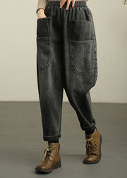 Black Elastic Waist Denim Harem Pants Fall