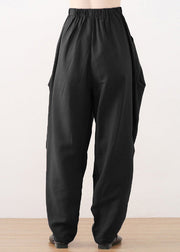 Black Elastic Waist Linen Beam Pants Fall