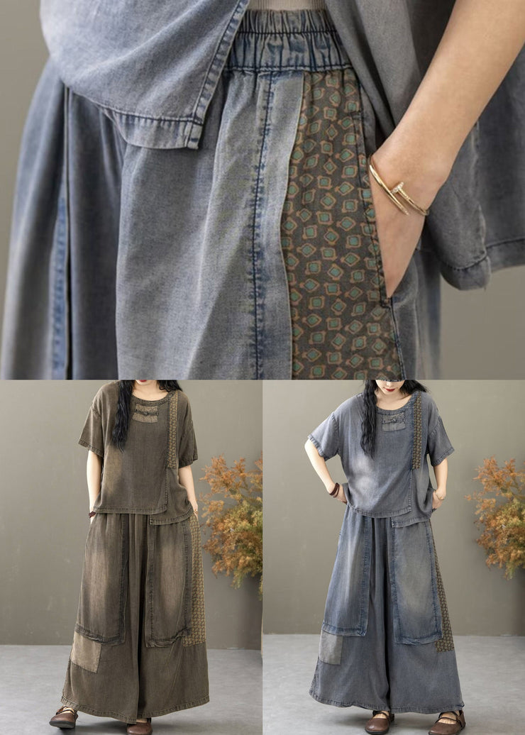 Black Elastic Waist Patchwork Denim Two Pieces Set O Neck Short Sleeve