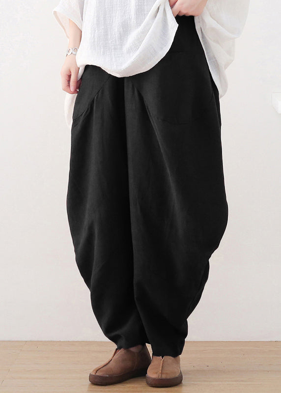 Black Elastic Waist Pockets Wide Leg Pants Fall