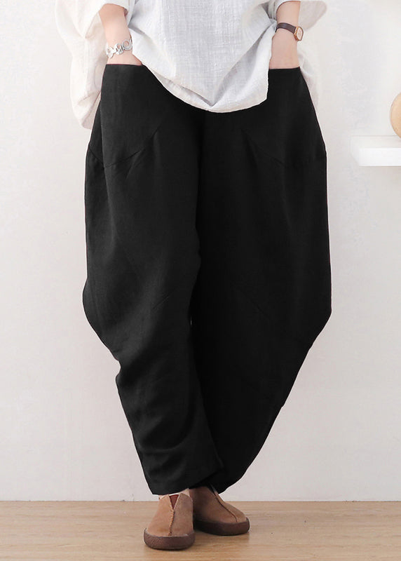 Black Elastic Waist Pockets Wide Leg Pants Fall