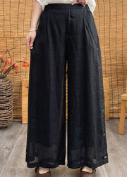 Black Elastic Waist Solid Linen Wide Leg Pants