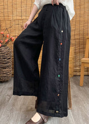 Black Elastic Waist Solid Linen Wide Leg Pants