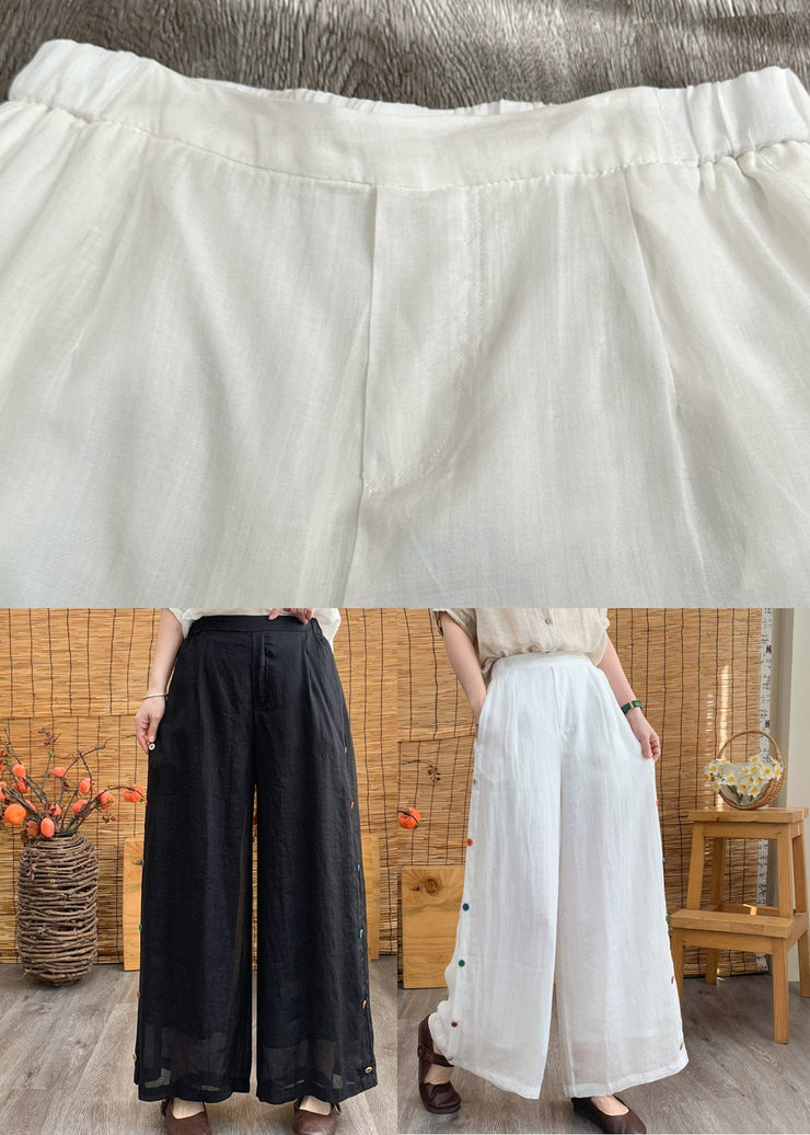 Black Elastic Waist Solid Linen Wide Leg Pants