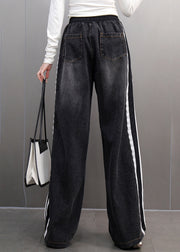 Black Elastic Waist Tie Waist Straight Denim Pants