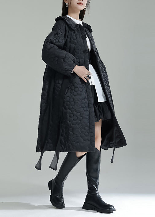 Black Embossed Cotton Filled Coat Peter Pan Collar Lantern Sleeve