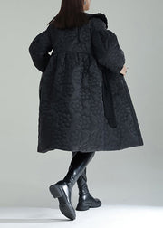 Black Embossed Cotton Filled Coat Peter Pan Collar Lantern Sleeve