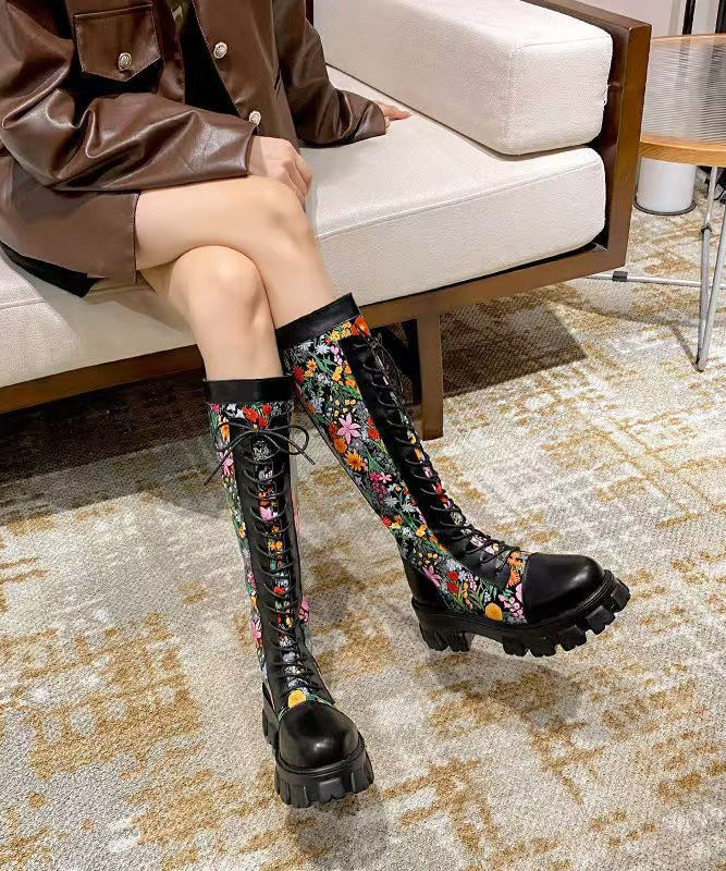 Black Embossed Splicing Chic Platform Boots Lace Up