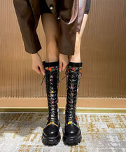 Black Embossed Splicing Chic Platform Boots Lace Up