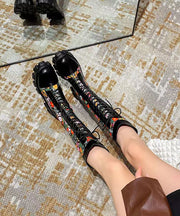 Black Embossed Splicing Chic Platform Boots Lace Up