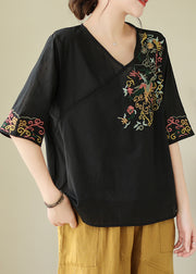 Black Embroidered Cotton Blouses V Neck Half Sleeve