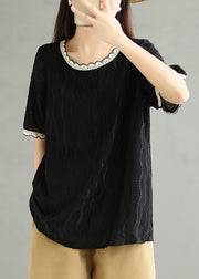 Black Embroidered Cotton Top O Neck Short Sleeve