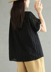 Black Embroidered Cotton Top O Neck Short Sleeve