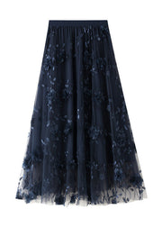 Black Embroideried Floral Elastic Waist Tulle A Line Skirts Spring