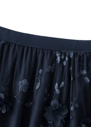 Black Embroideried Floral Elastic Waist Tulle A Line Skirts Spring