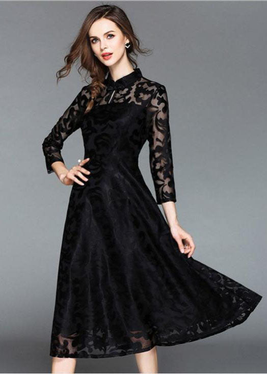 Black Embroideried Lace Vintage Dress Stand Collar Fall