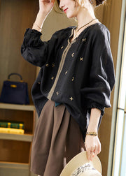 Black Embroideried Solid Linen Top Long Sleeve