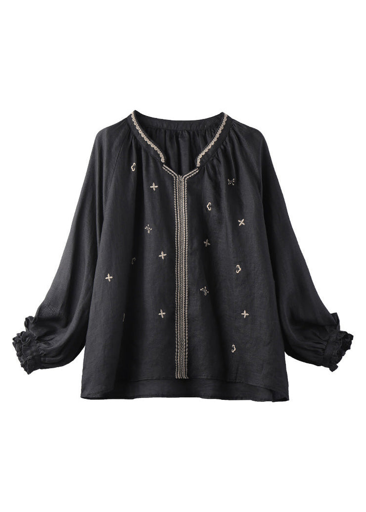 Black Embroidered Solid Linen Top Long Sleeve