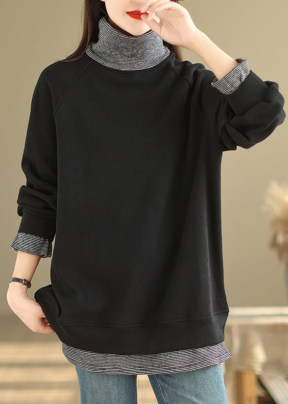 Black False Two Pieces Patchwork Warm Fleece Top Hign Neck Winter