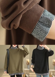 Black False Two Pieces Patchwork Warm Fleece Top Hign Neck Winter