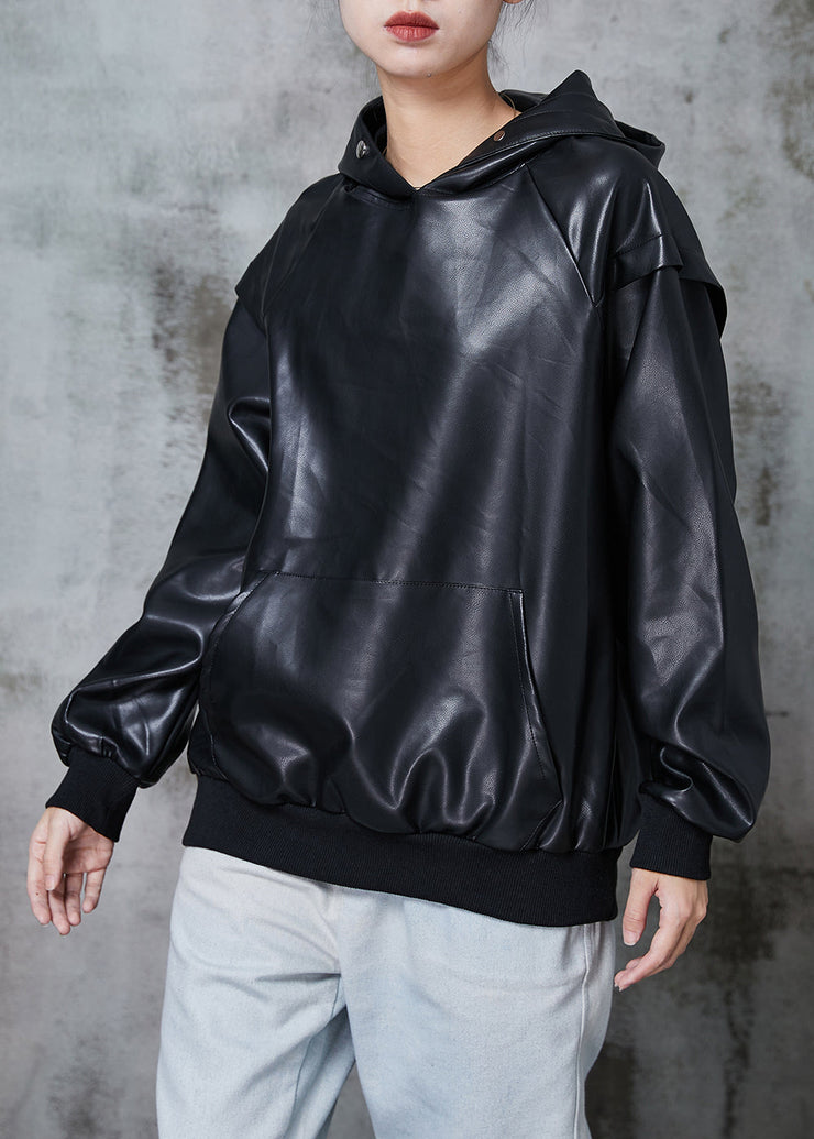 Black Faux Leather Loose Sweatshirt Hooded Pockets Winter