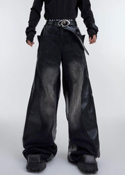 Black Faux Leather Patchwork Fared Trousers High Waist Spring