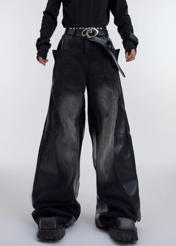 Black Faux Leather Patchwork Fared Trousers High Waist Fall