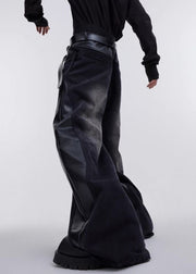 Black Faux Leather Patchwork Fared Trousers High Waist Spring