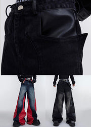 Black Faux Leather Patchwork Fared Trousers High Waist Spring