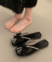 Black Faux Leather Splicing Slide Sandals Bow Nail Bead
