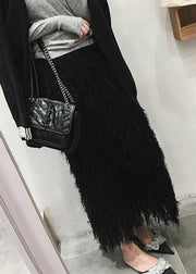 Black Feather Solid Knit Fall Skirts High Waist