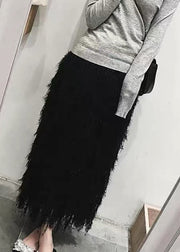 Black Feather Solid Knit Spring Skirts High Waist