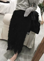 Black Feather Solid Knit Spring Skirts High Waist