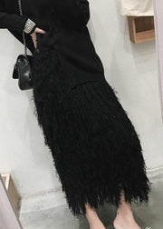 Black Feather Solid Knit Spring Skirts High Waist