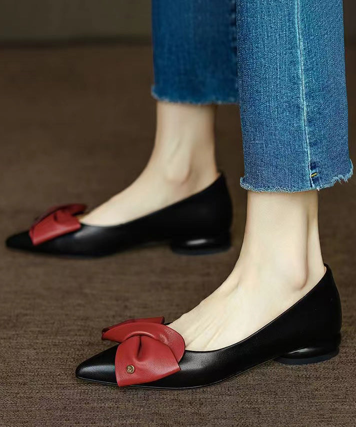 Black Flat Feet Shoes Cowhide Leather Fashion Pointed Toe Bow