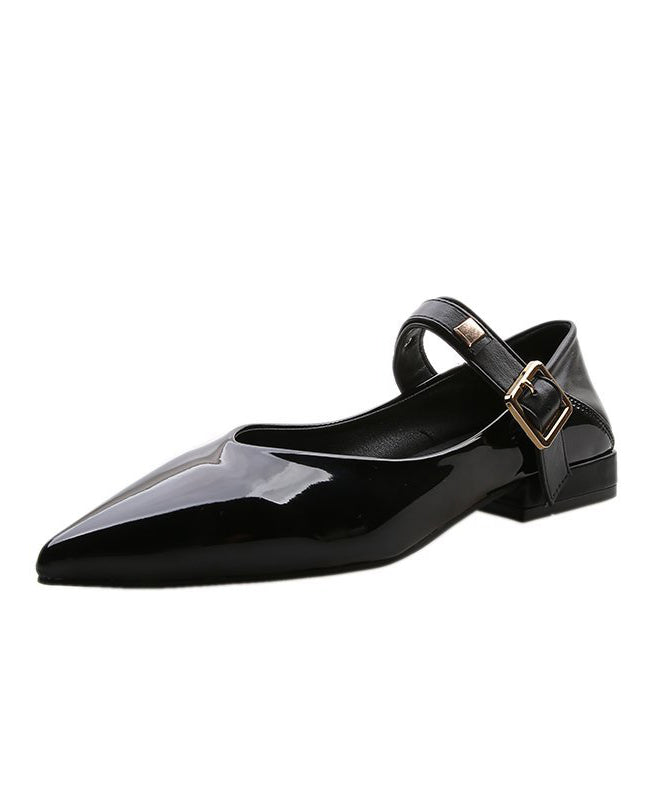 Black Flat Feet Shoes Faux Leather Women Splicing Buckle Strap