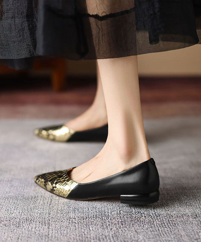 Black Flat Shoes For Women Sheepskin Beautiful Splicing Pointed Toe