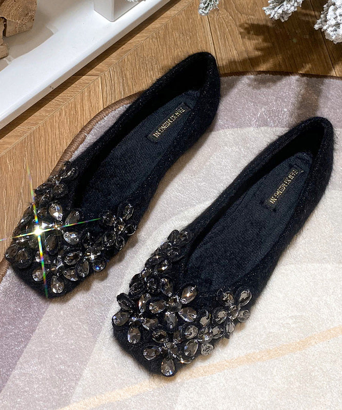 Black Flat Shoes Stylish Suede Handmade Splicing Zircon