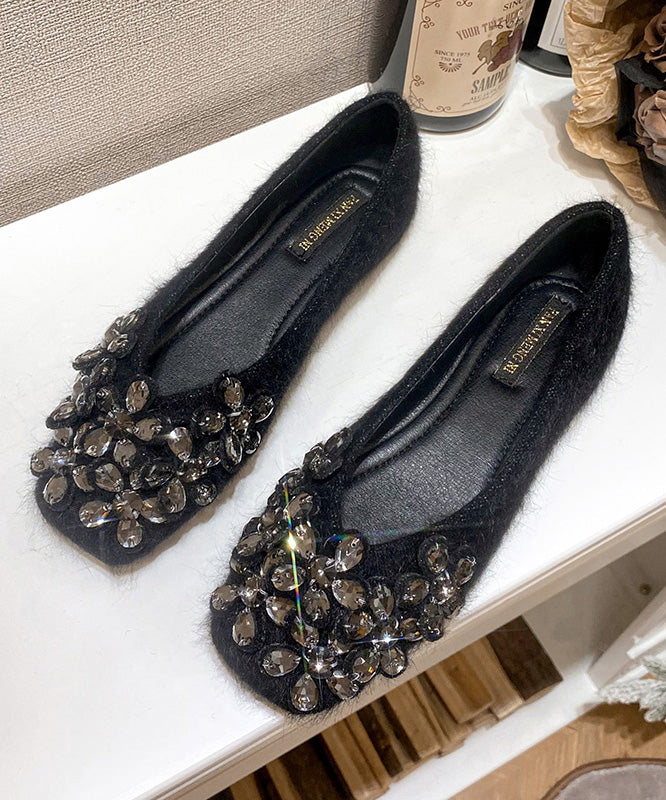 Black Flat Shoes Stylish Suede Handmade Splicing Zircon