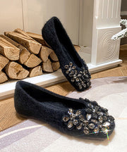 Black Flat Shoes Stylish Suede Handmade Splicing Zircon