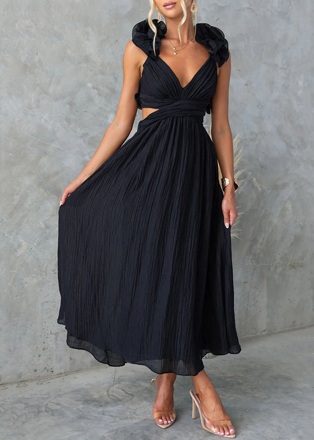 Black Floral Elastic Waist Cotton Long Dresses V Neck Sleeveless