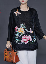 Black Floral Organza Shirt Tops Embroidered Butterfly Summer