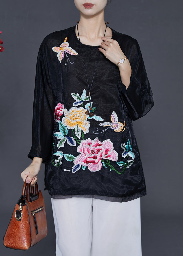 Black Floral Organza Shirt Tops Embroidered Butterfly Summer