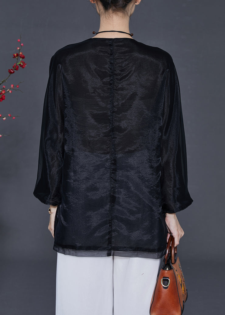 Black Floral Organza Shirt Tops Embroidered Butterfly Summer